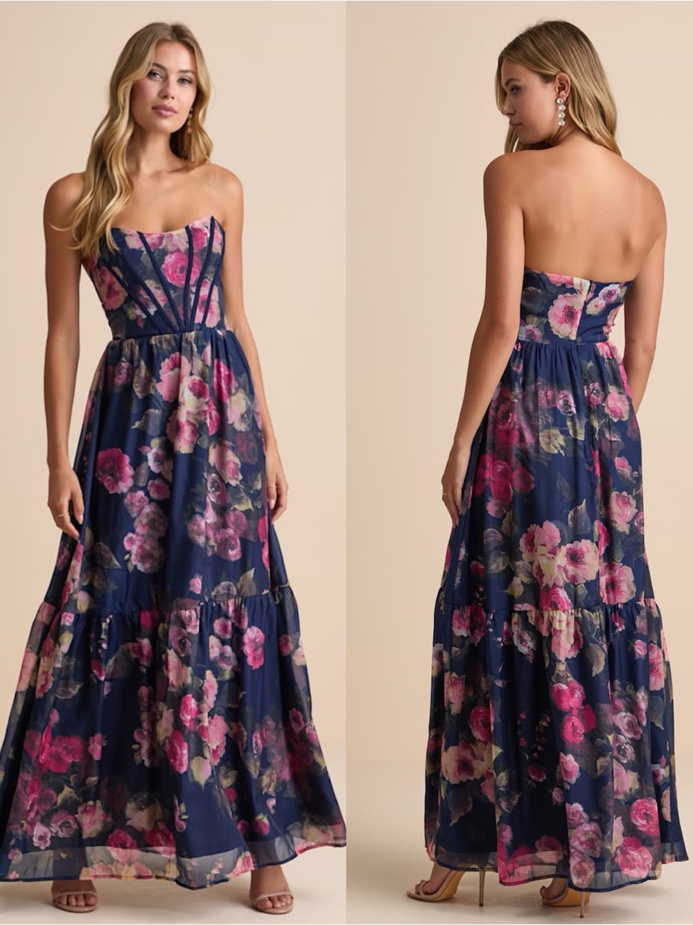 Lulu's Navy Floral Strapless Maxi Dress with Pink Blooms